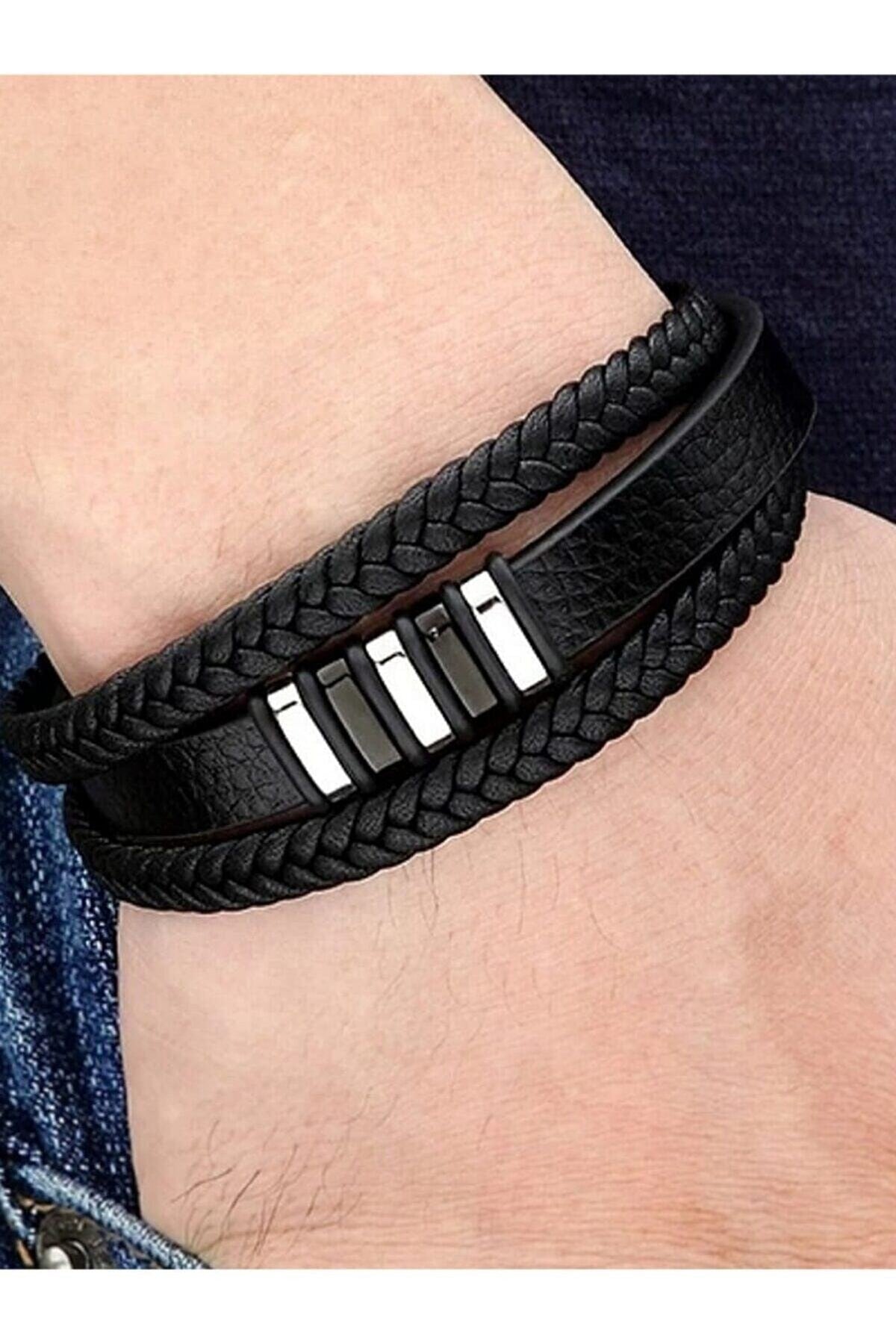 Men's Black Leather Bracelet – Braided Magnetic Clasp