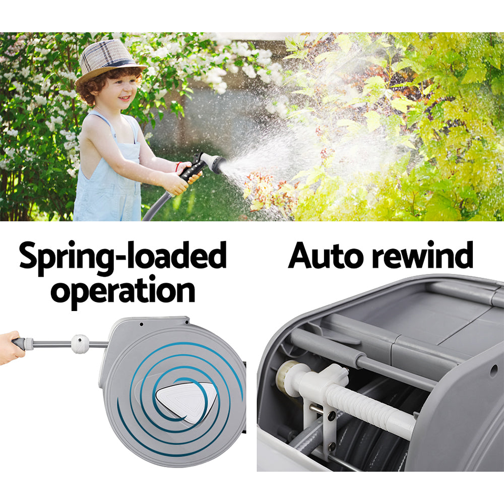 10M Retractable Water Hose Reel – Auto Rewind with Garden Spray Gun | Wall Mounted