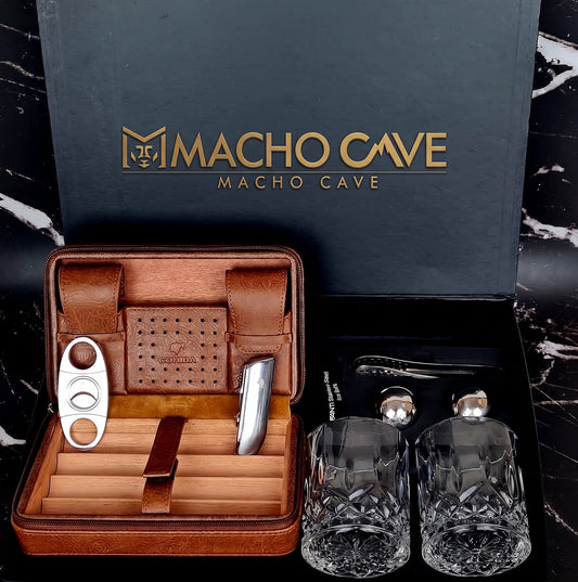 Whiskey Glass & Cigar Gift Set for Men – Ice Ball Maker & Lighter