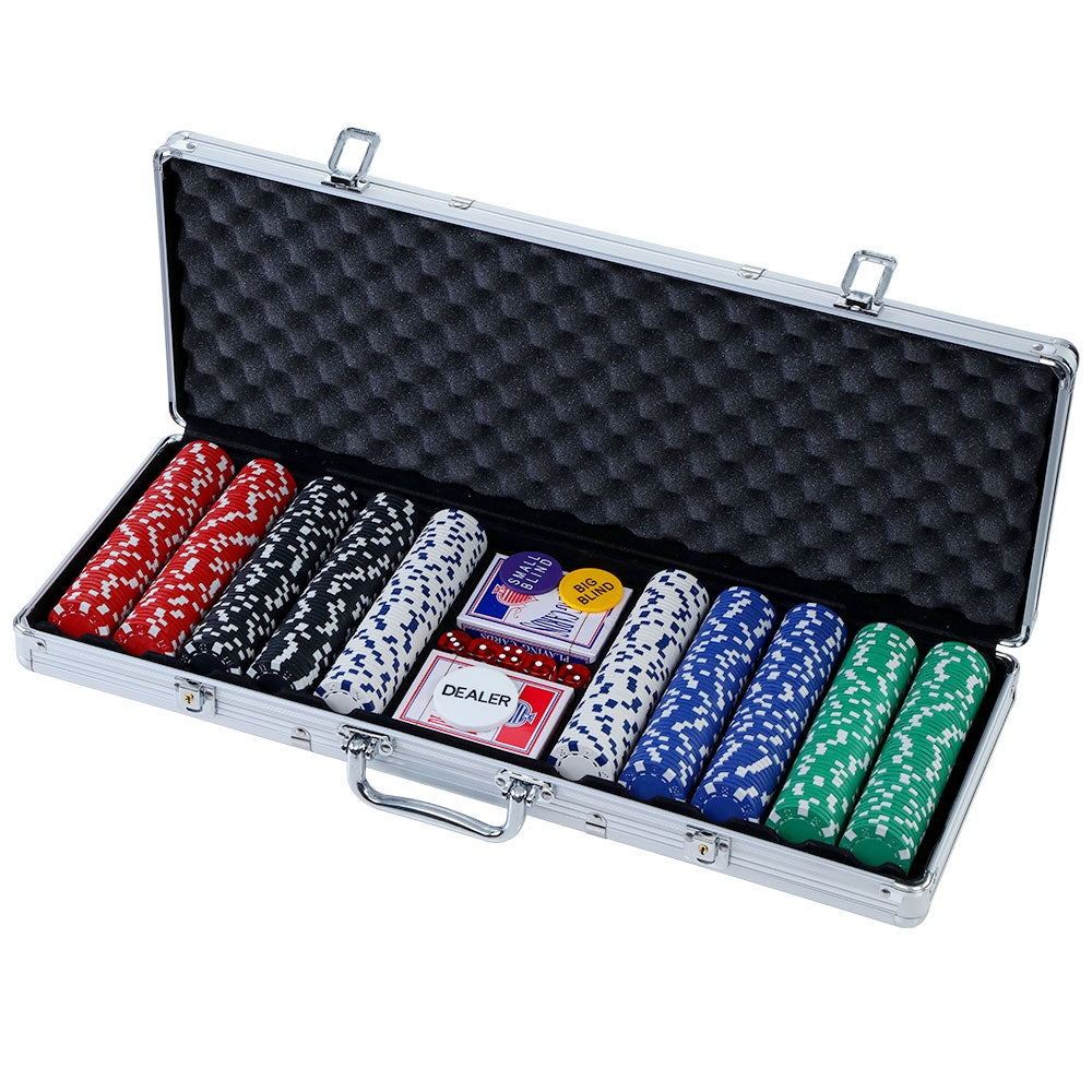 500pcs Poker Chips Set with Case – Casino Texas Hold'em Gambling Party Game with Dice & Cards
