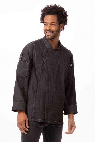 Chef Works Gramercy Men's Chef Jacket – Black Denim, Zipper Front, Stylish & Durable