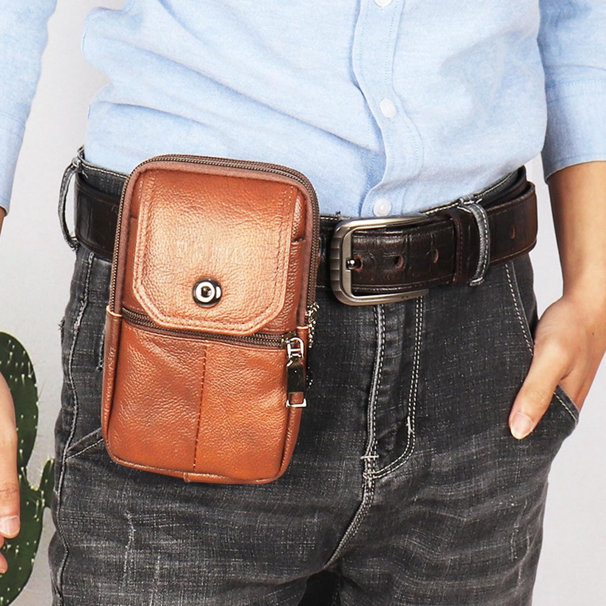 Men's Leather Waist Bag with Shoulder Strap – Yellow