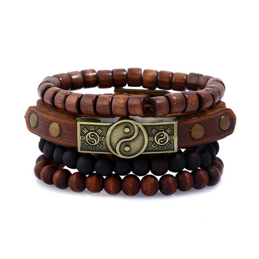 Men's Handmade Leather & Wood Bead Bracelets, 4-Pack