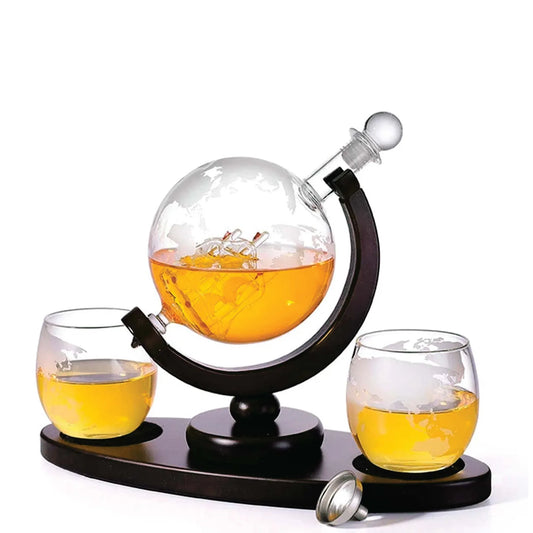 Globe Whiskey Decanter Set with 2 Glasses & Stand