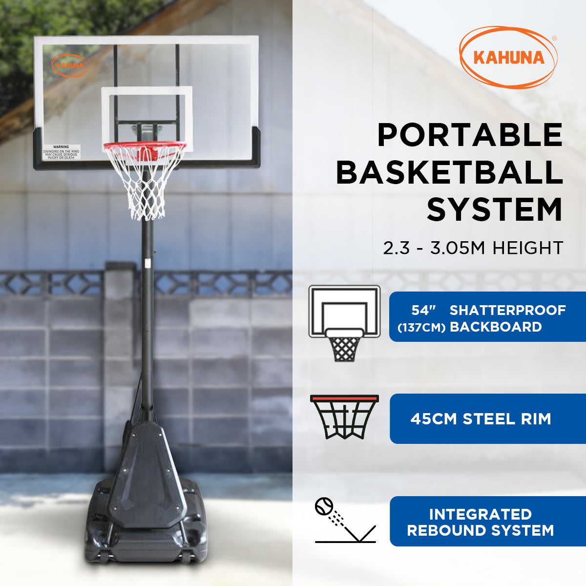 Kahuna Portable Basketball Hoop System 2.3 to 3.05m for Kids &amp; Adults