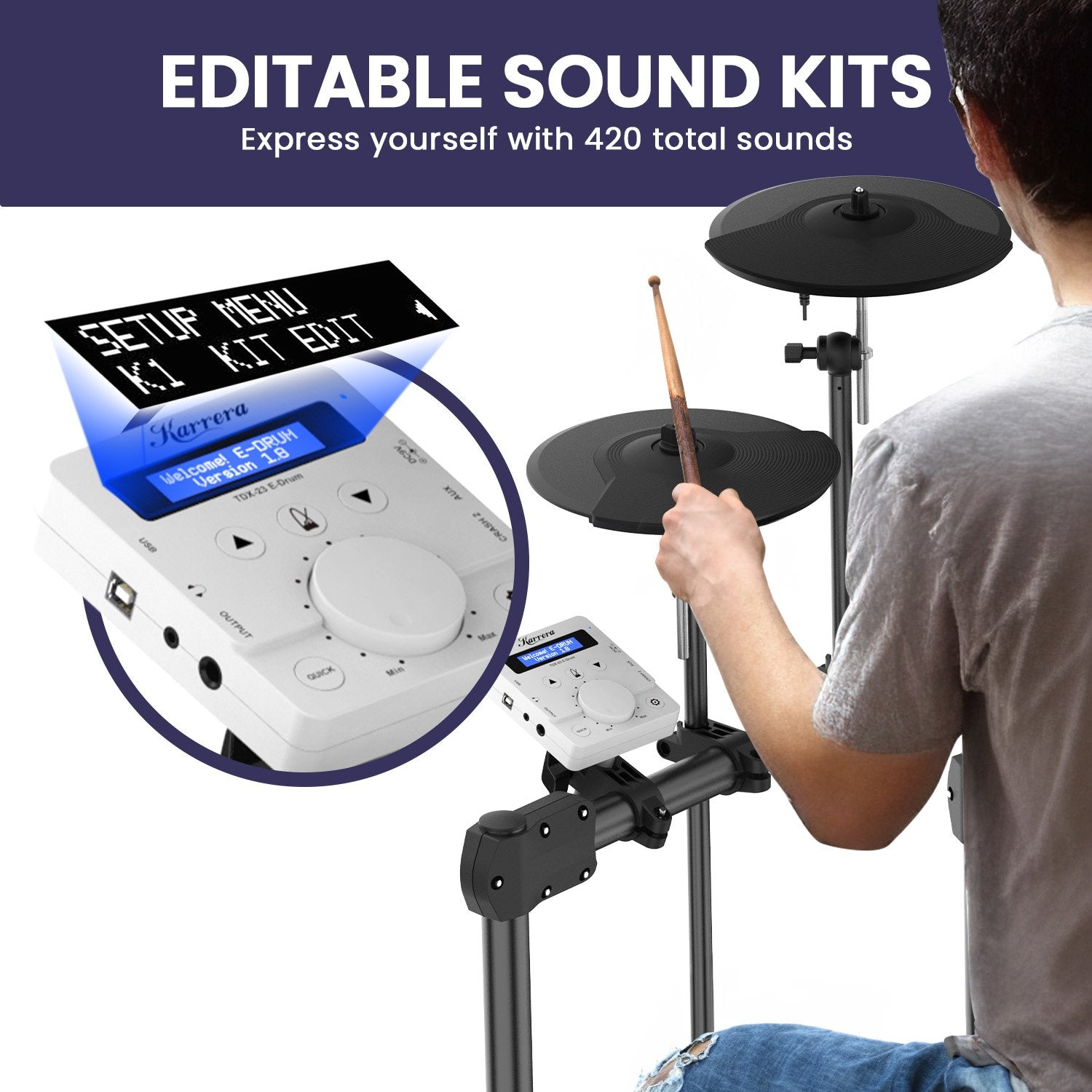 Karrera X23 Electronic Drum Kit with Sound Module, 3 Toms, Snare Quiet Mesh Drum Heads, Cymbals &amp; Pedal