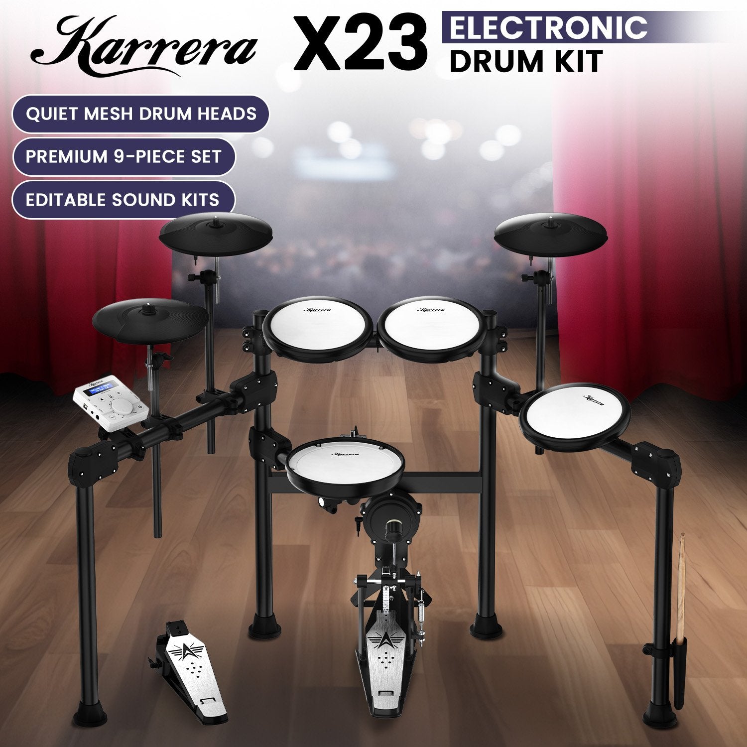 Karrera X23 Electronic Drum Kit with Sound Module, 3 Toms, Snare Quiet Mesh Drum Heads, Cymbals &amp; Pedal
