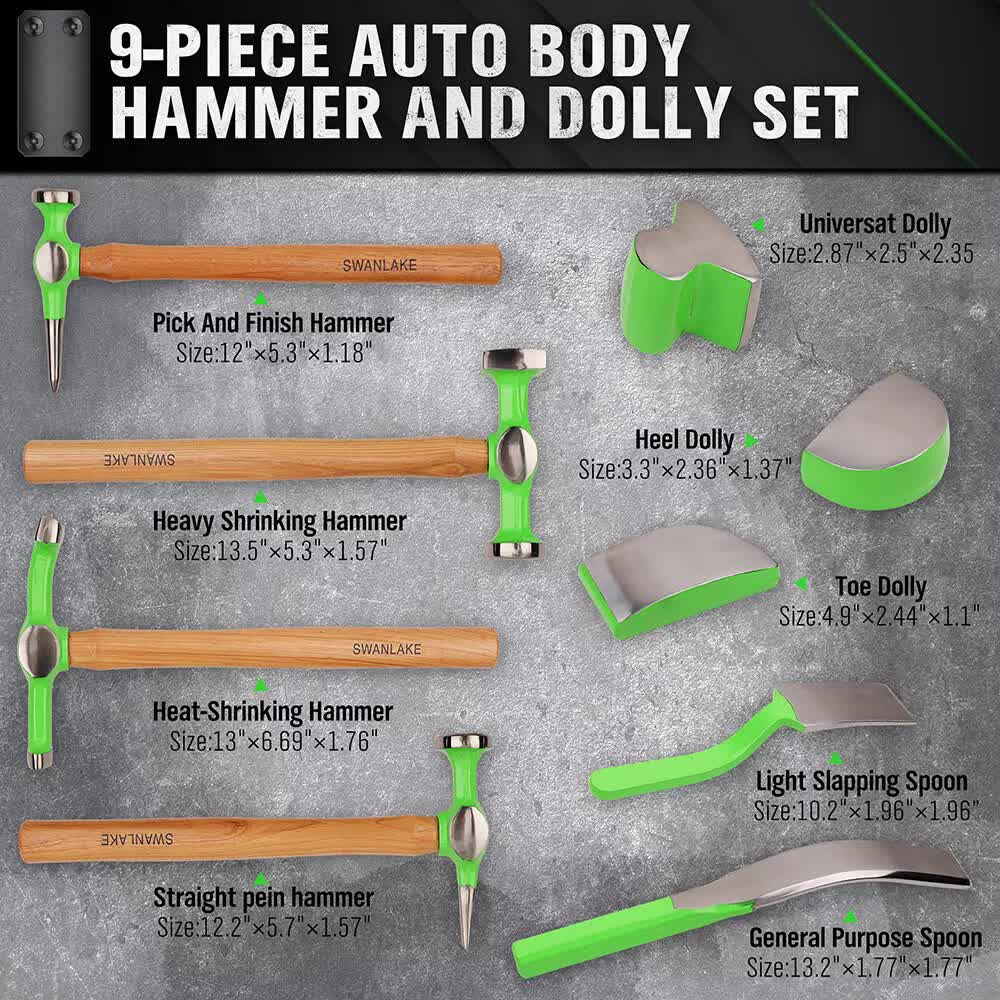 9-Piece Auto Body Hammer and Dolly Set for Car Dent Repair with Tool Case