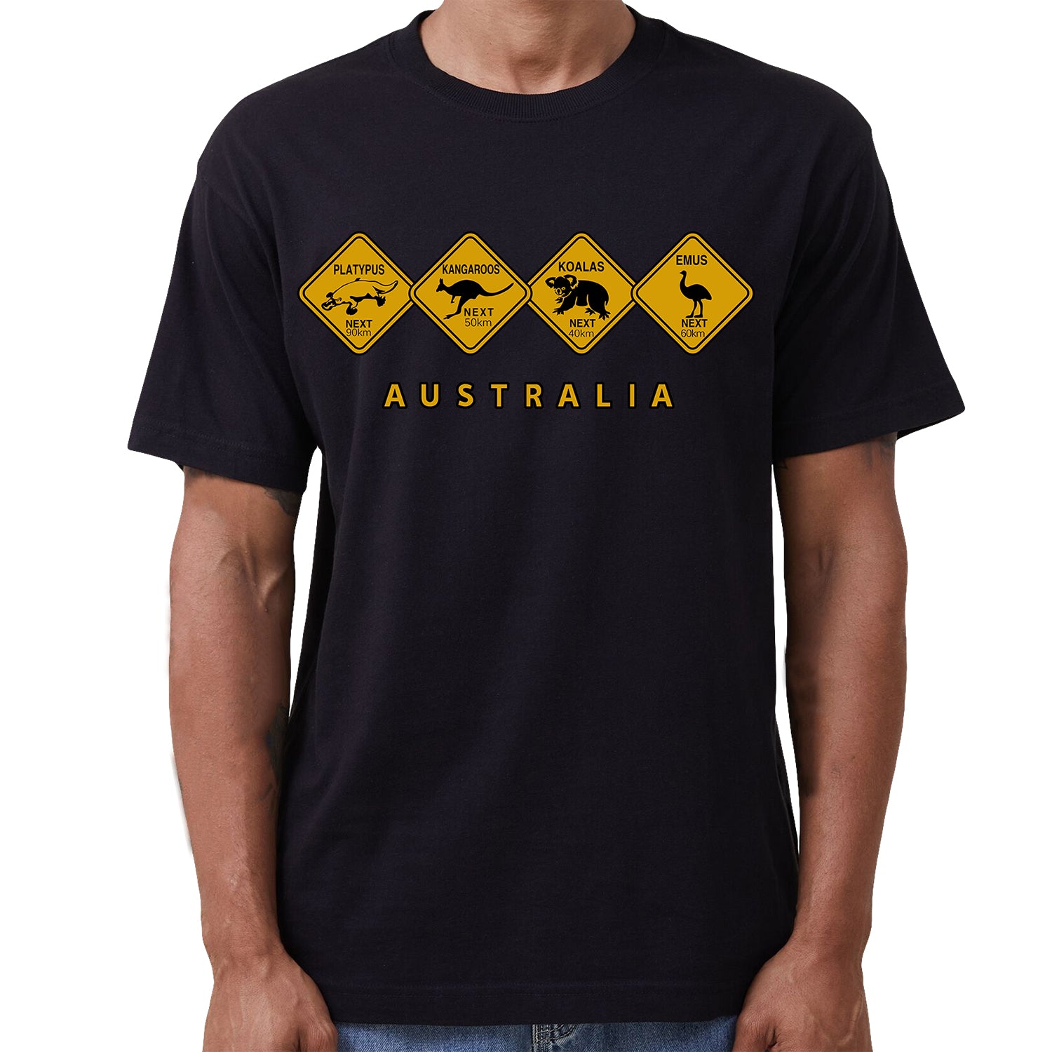 Adult Unisex 100% Cotton T Shirt Australia Wildlife Road Sign Souvenir Tee Tops, Black, 3XL