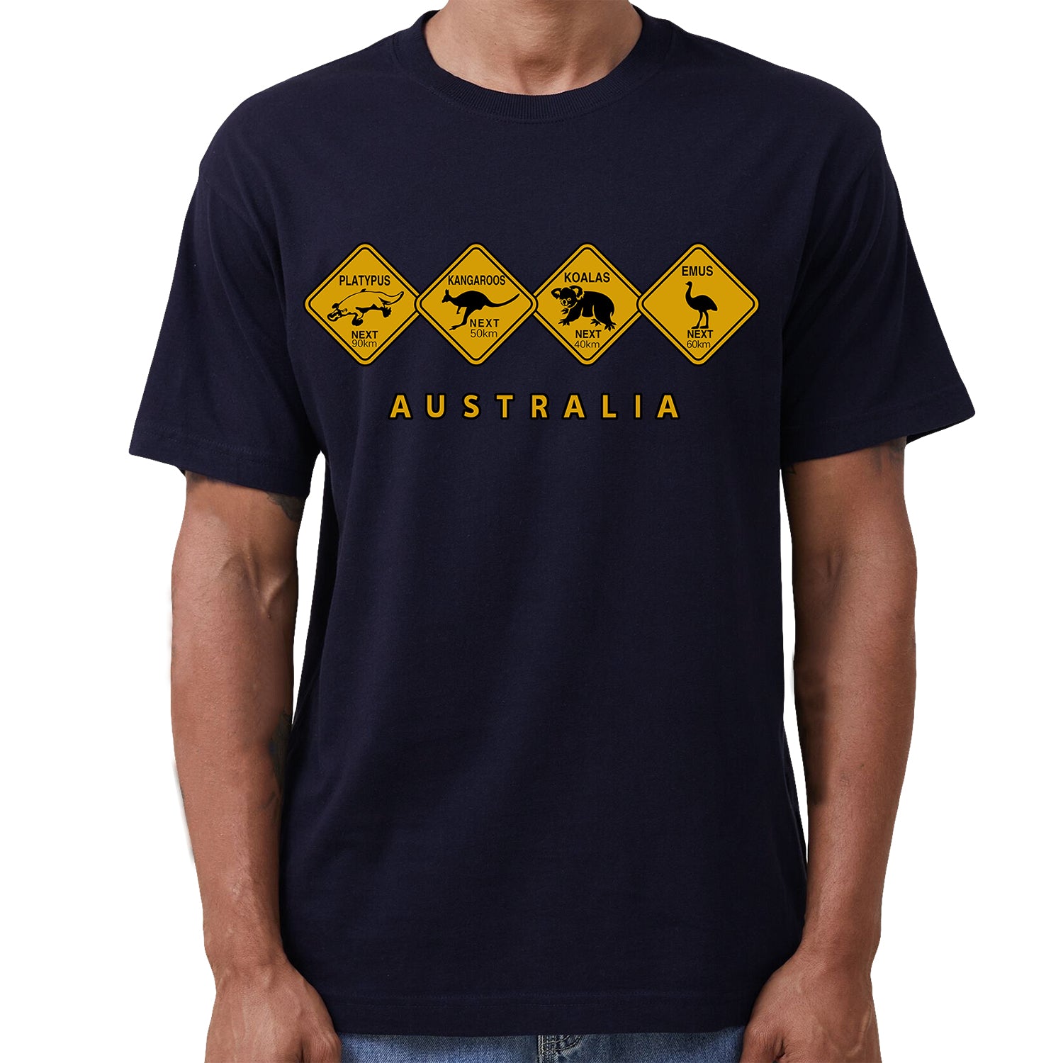 Adult Unisex 100% Cotton T Shirt Australia Wildlife Road Sign Souvenir Tee Tops, Navy, L