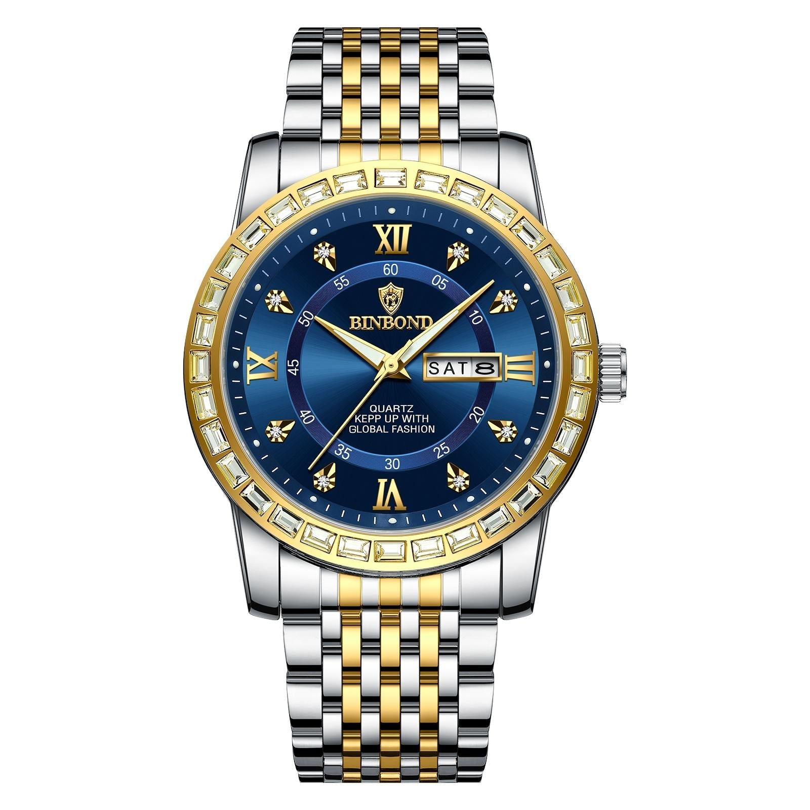 Diamond Dual-Calendar Luminous Quartz Watch – B2202 Inter Gold Blue