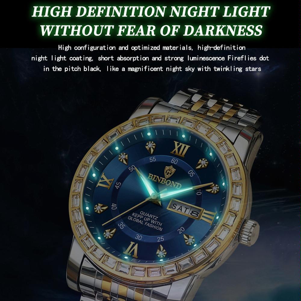 Diamond Dual-Calendar Luminous Quartz Watch – B2202 Inter Gold Blue