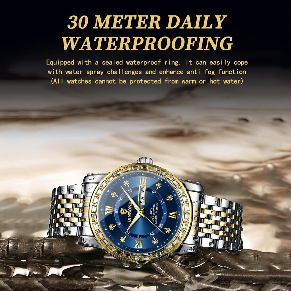 Diamond Dual-Calendar Luminous Quartz Watch – B2202 Inter Gold Blue