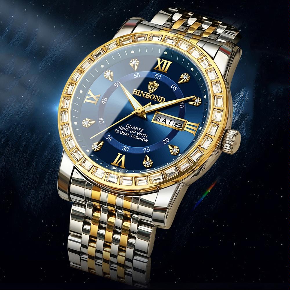 Diamond Dual-Calendar Luminous Quartz Watch – B2202 Inter Gold Blue