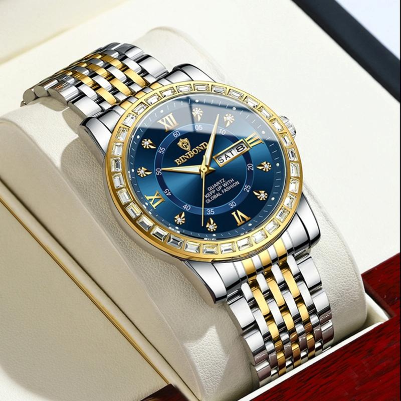 Diamond Dual-Calendar Luminous Quartz Watch – B2202 Inter Gold Blue