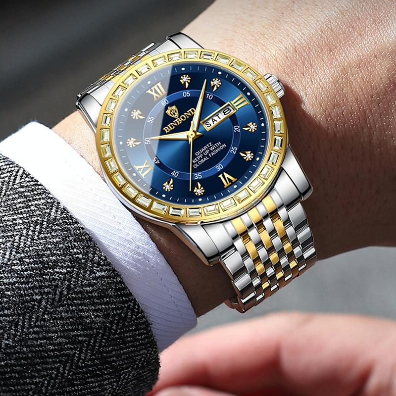 Diamond Dual-Calendar Luminous Quartz Watch – B2202 Inter Gold Blue