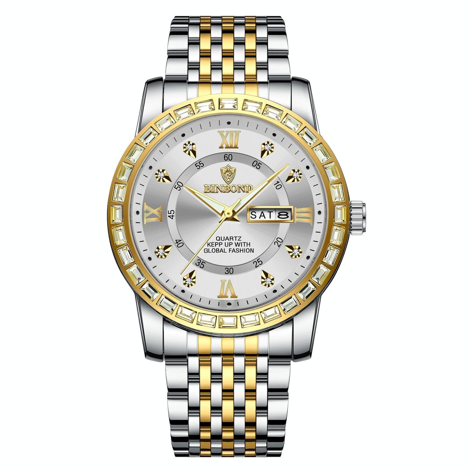 Diamond Dual-Calendar Luminous Quartz Watch – B2202 Inter Gold Blue