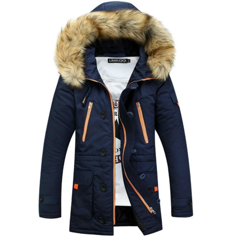 Long Section Cotton Suit Men Plus Velvet Thick Warm Jacket Large Fur Collar Coat Lovers Jacket - Size L - Navy