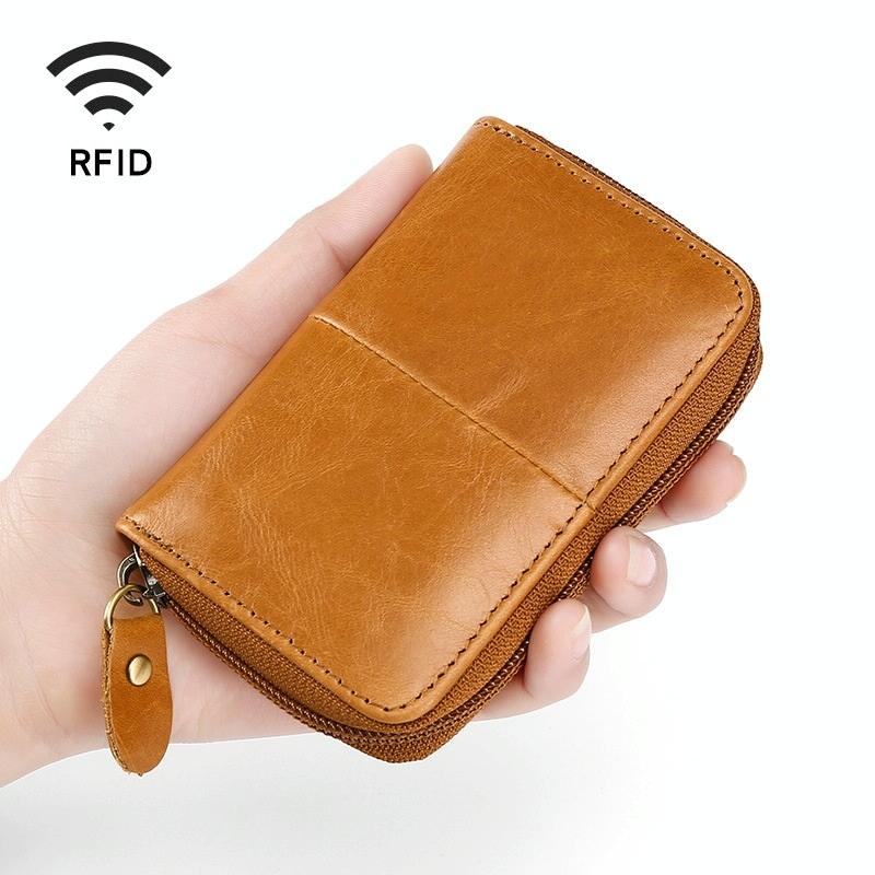 Leather Rfid Zipper Card Holder with Change Pocket - Coffee