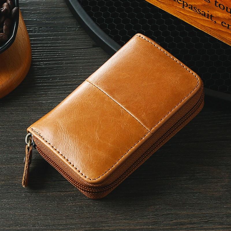 Leather Rfid Zipper Card Holder with Change Pocket - Coffee