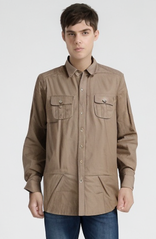 Business Casual Plain Cotton Long Sleeve - Brown/ Beige