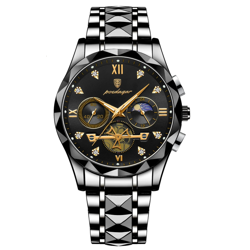 Men’s Waterproof Luminous Chronograph Watch – Black Stainless Steel Wristwatch