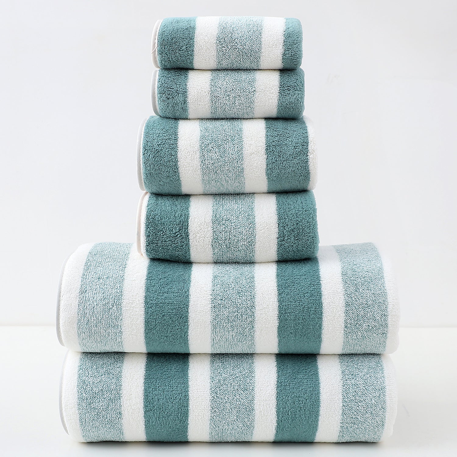 Luxury Cotton Green Wide Stripe Towel Set - 6 Piece Set