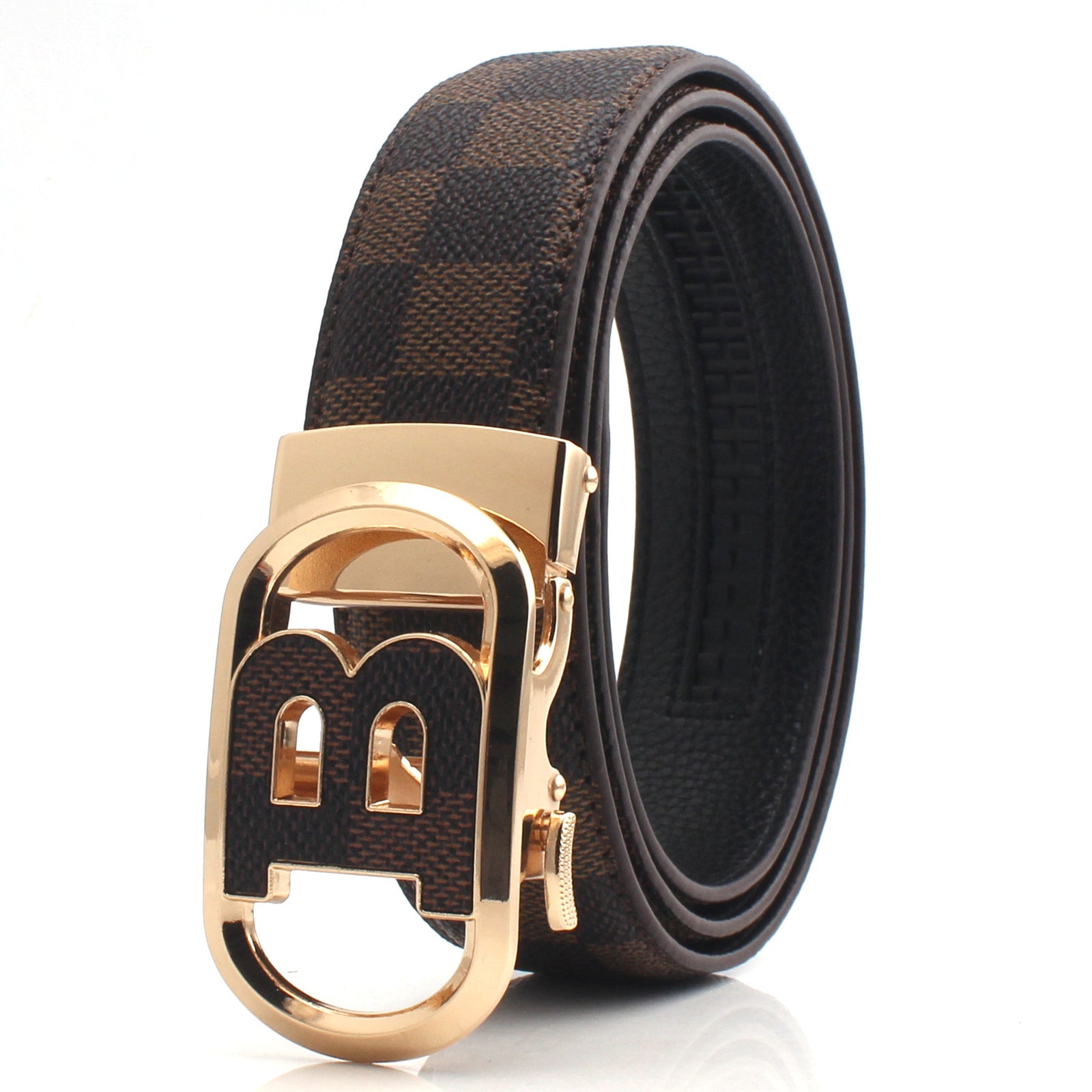 Men’s Luxury PU Leather Belt with B-Pattern Gold Buckle