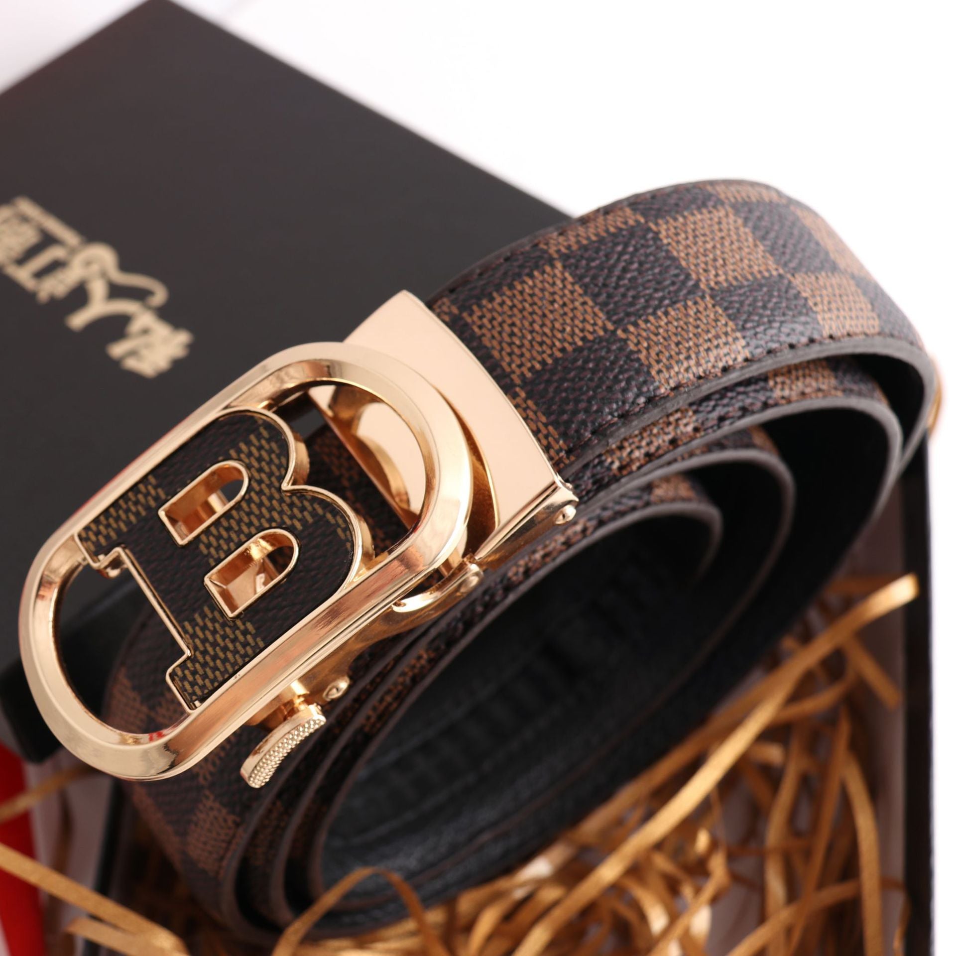 Men’s Luxury PU Leather Belt with B-Pattern Gold Buckle