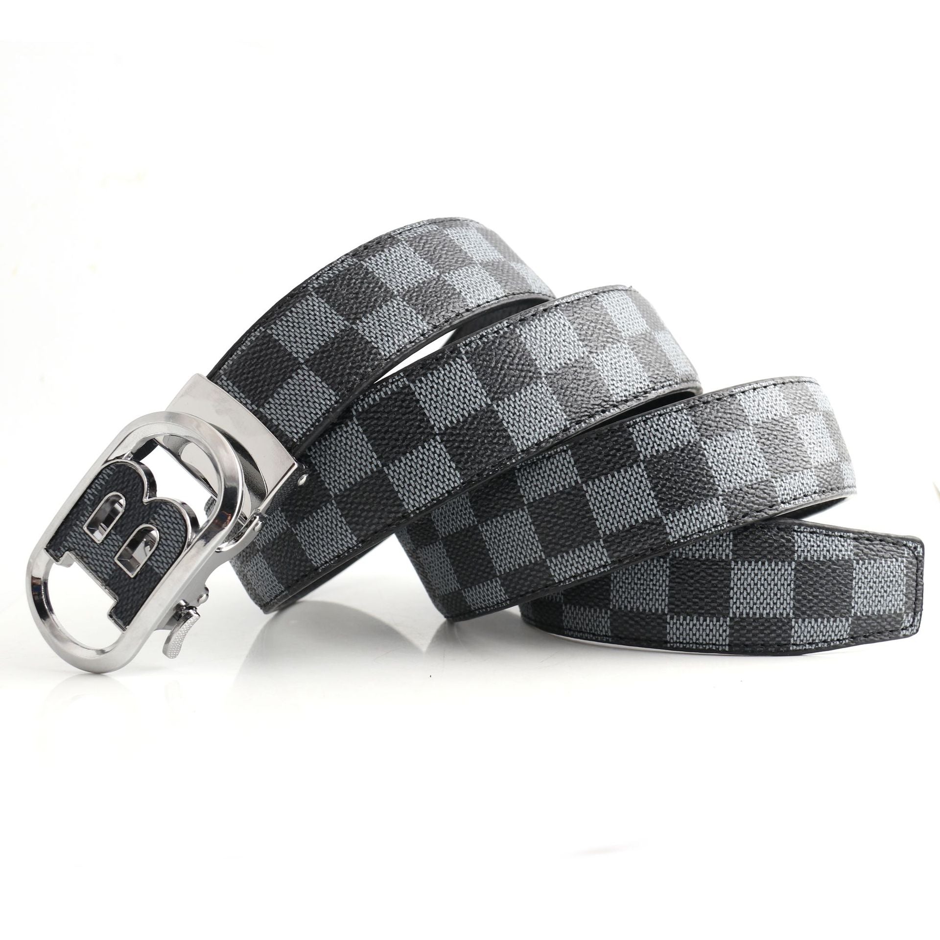 Men’s Luxury PU Leather Belt with B-Pattern Gold Buckle