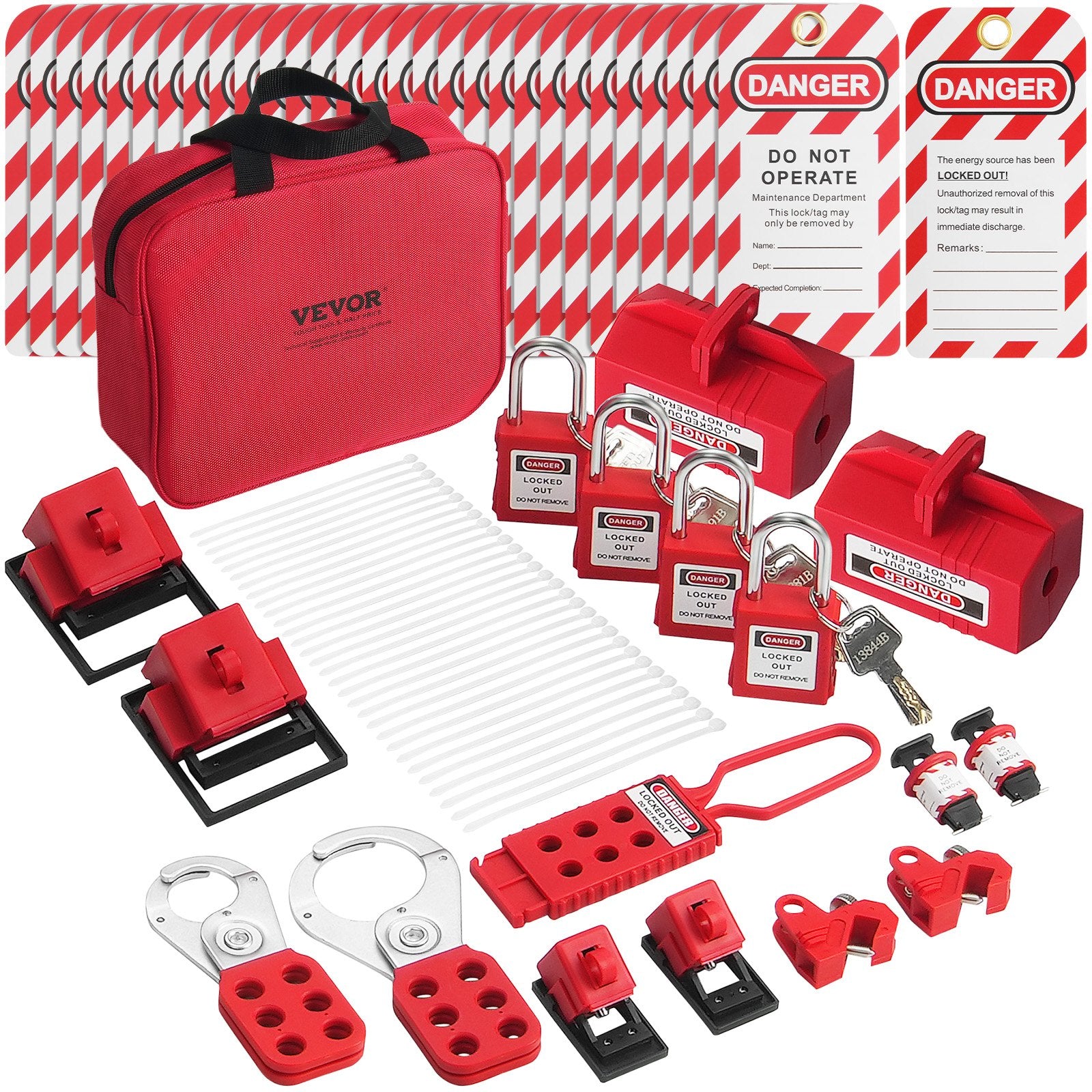VEVOR Electrical Lockout Tagout Kit 47 PCS – Industrial Safety LOTO Set with Padlocks, Tags, Hasps, Plug & Circuit Breaker Lockouts + Carry Bag
