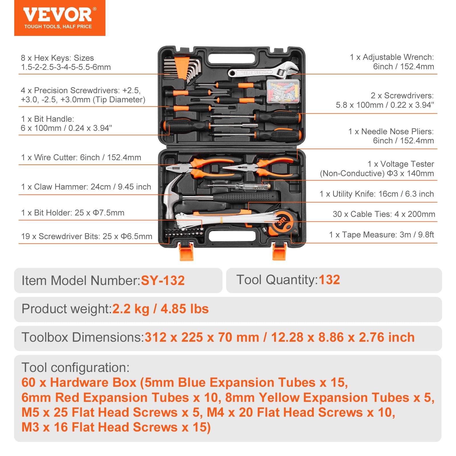 VEVOR 132-Piece Tool Kit for Home Repair and Maintenance with Portable Case