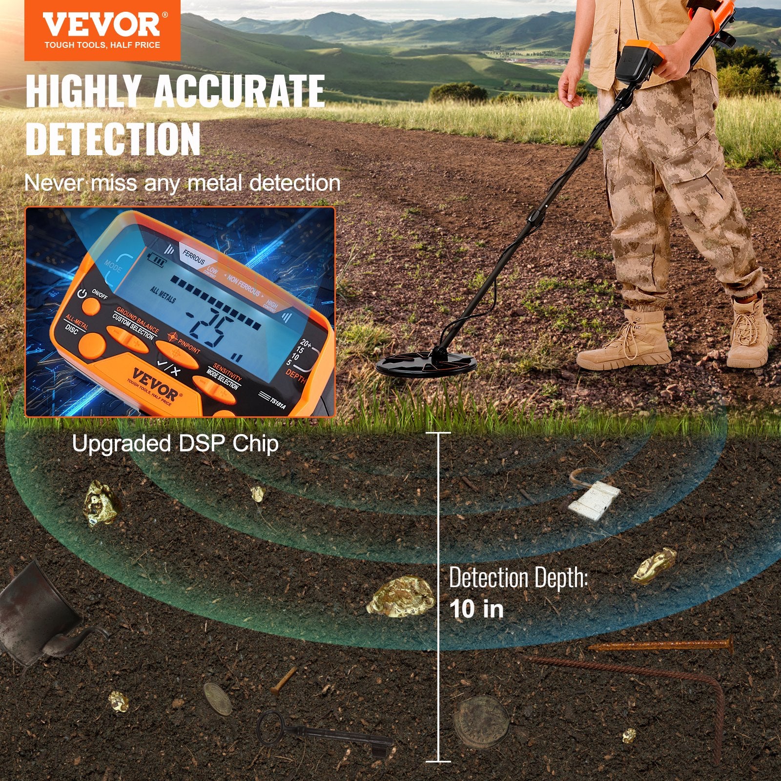 VEVOR Metal Detector for Adults &amp; Kids – Waterproof Gold Detector with LCD Display, 7 Modes, High Accuracy DSP Chip (250mm)