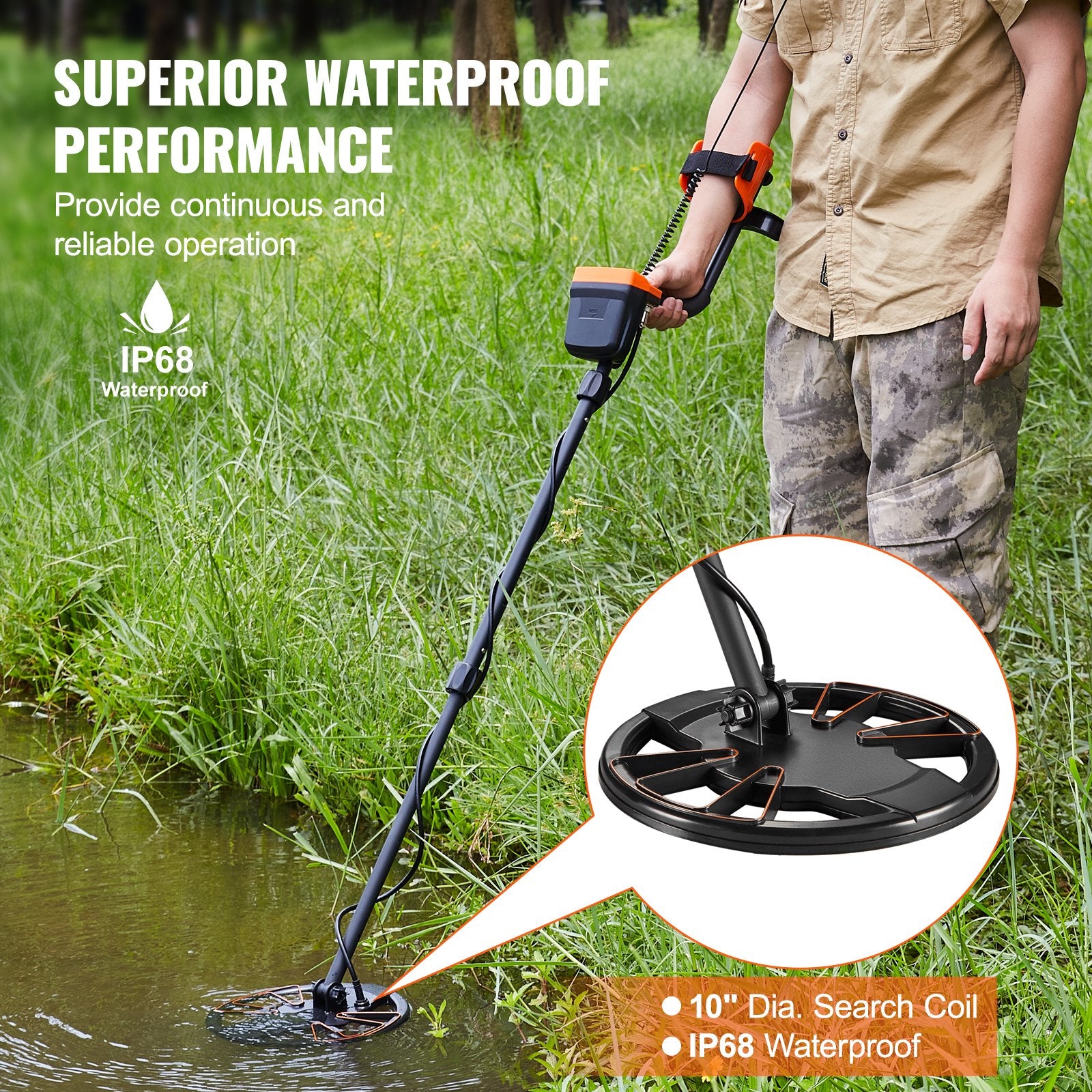 VEVOR Metal Detector for Adults &amp; Kids – Waterproof Gold Detector with LCD Display, 7 Modes, High Accuracy DSP Chip (250mm)