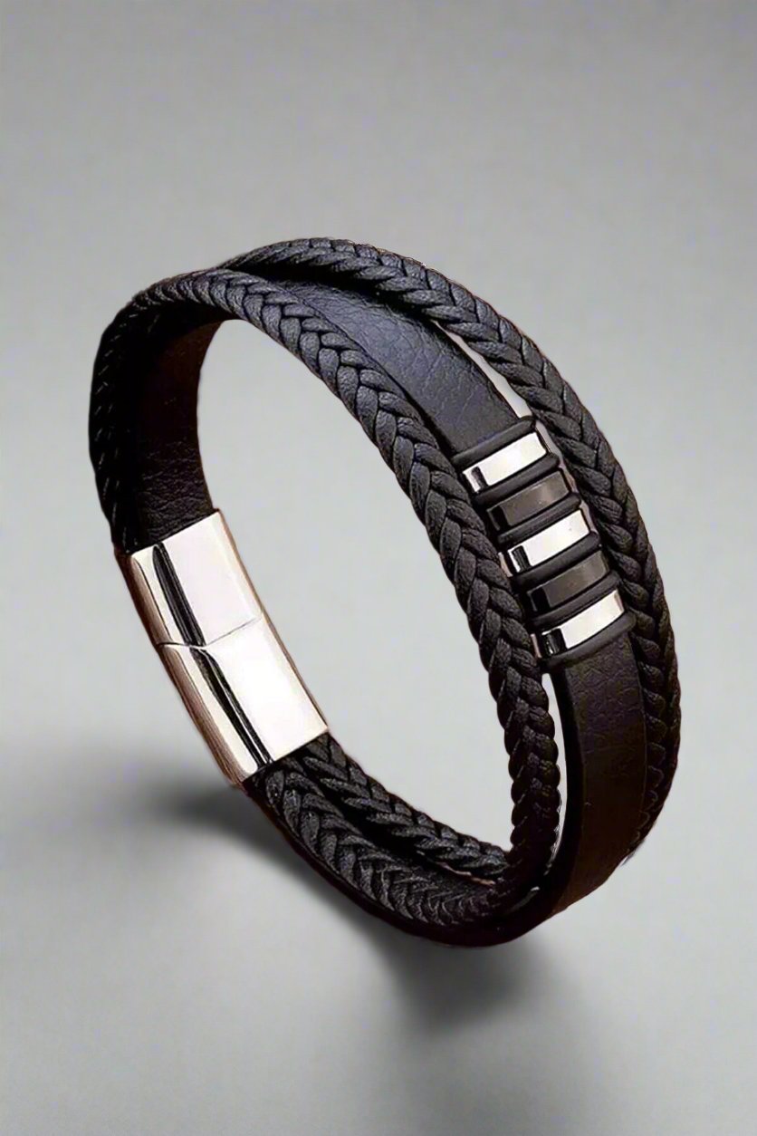 Men's Black Leather Bracelet – Braided Magnetic Clasp