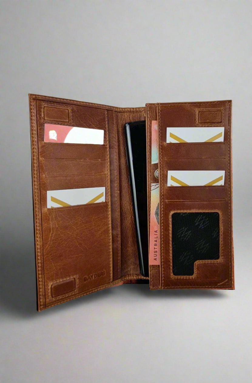 Leather Phone Wallet – Brown Magnetic Flap Closure – 100% Genuine Leather with Card &amp; Cash Slots – Fits All Phones – MachoCave Australia