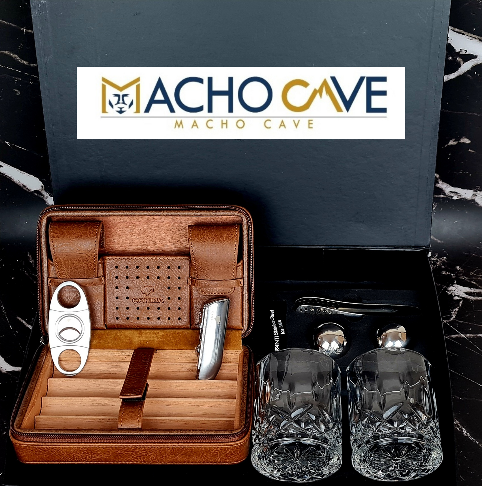Luxury Whiskey Glass & Cigar Gift Set – Ice Ball Maker, Cigar Cutter & Triple Jet Lighter – Ultimate Men’s Gift – MachoCave Australia